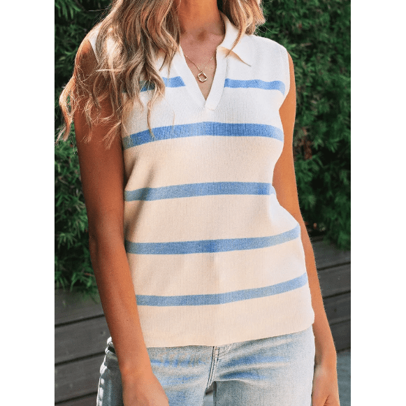 Kyndell Sky Blue Stripe Split V Neck Collared Ribbed Sweater Vest