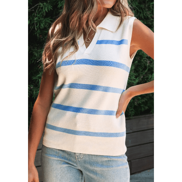 Kyndell Sky Blue Stripe Split V Neck Collared Ribbed Sweater Vest