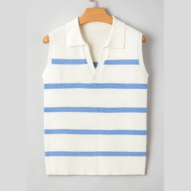 Kyndell Sky Blue Stripe Split V Neck Collared Ribbed Sweater Vest