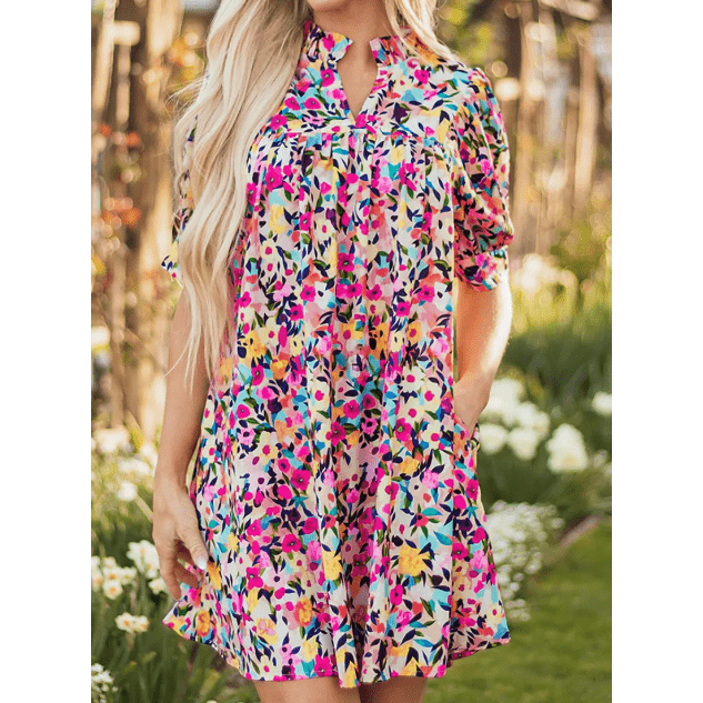 Talisha Pink Floral Puff Short Sleeve V Neck Mini Dress