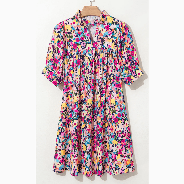 Talisha Pink Floral Puff Short Sleeve V Neck Mini Dress