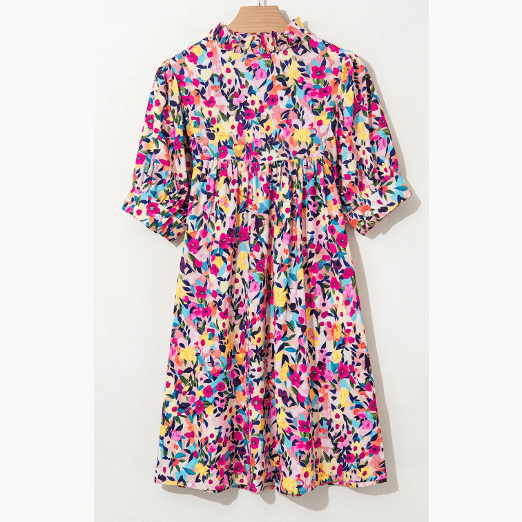 Talisha Pink Floral Puff Short Sleeve V Neck Mini Dress