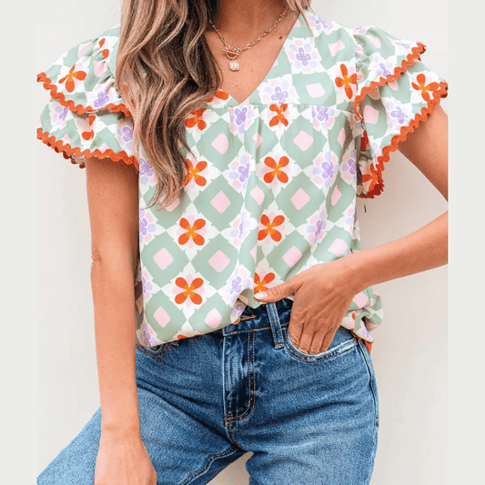 Mackenzie Green Geometric Floral Print Layered Flutter Sleeve V Neck Ric Rac Trim Blouse