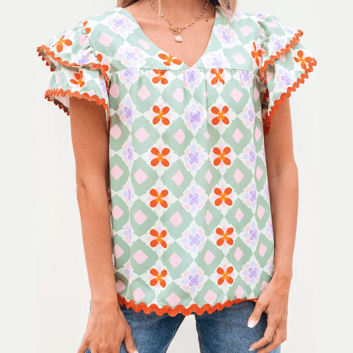 Mackenzie Green Geometric Floral Print Layered Flutter Sleeve V Neck Ric Rac Trim Blouse
