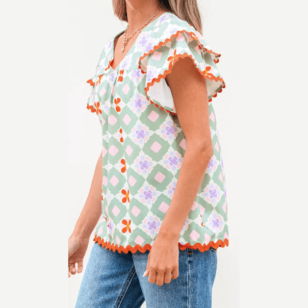 Mackenzie Green Geometric Floral Print Layered Flutter Sleeve V Neck Ric Rac Trim Blouse
