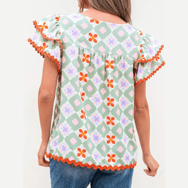 Mackenzie Green Geometric Floral Print Layered Flutter Sleeve V Neck Ric Rac Trim Blouse