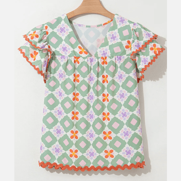 Mackenzie Green Geometric Floral Print Layered Flutter Sleeve V Neck Ric Rac Trim Blouse