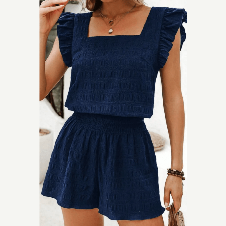 Janna Textured Square Neck Top and Shirred High Waist Shorts Set
