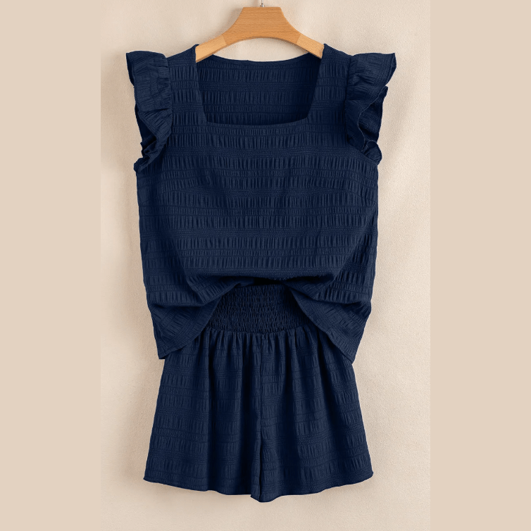 Janna Textured Square Neck Top and Shirred High Waist Shorts Set