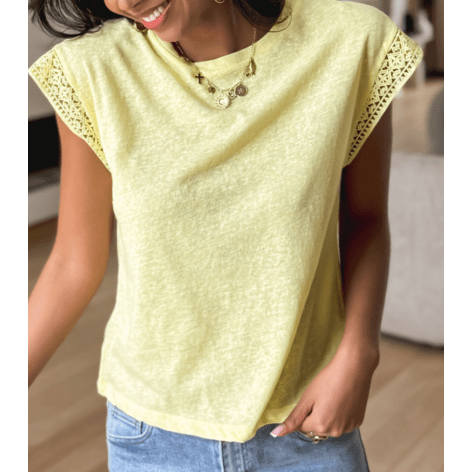 Evolet Yellow Lace Patchwork Cap Sleeve Round Neck T Shirt