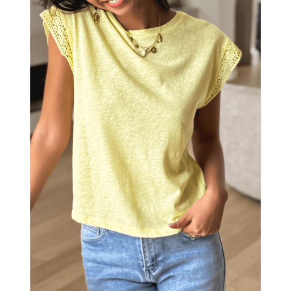 Evolet Yellow Lace Patchwork Cap Sleeve Round Neck T Shirt