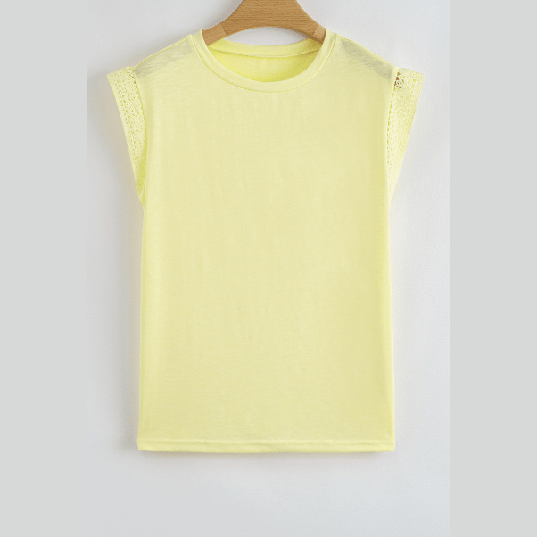 Evolet Yellow Lace Patchwork Cap Sleeve Round Neck T Shirt