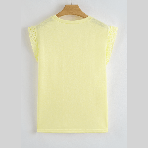 Evolet Yellow Lace Patchwork Cap Sleeve Round Neck T Shirt