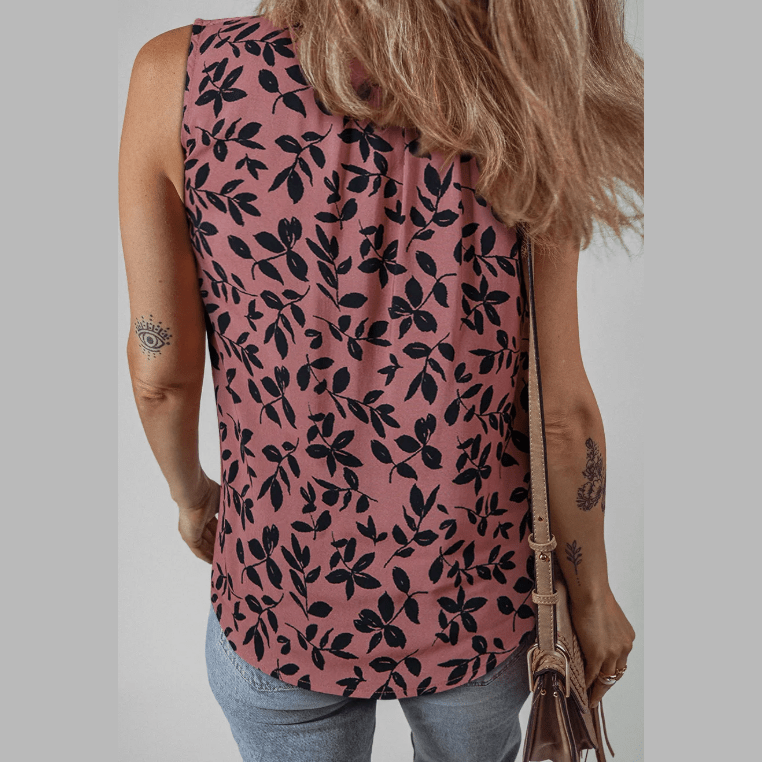 Violetta Leaf Print Lace-up V Neck Crinkled Tank Top