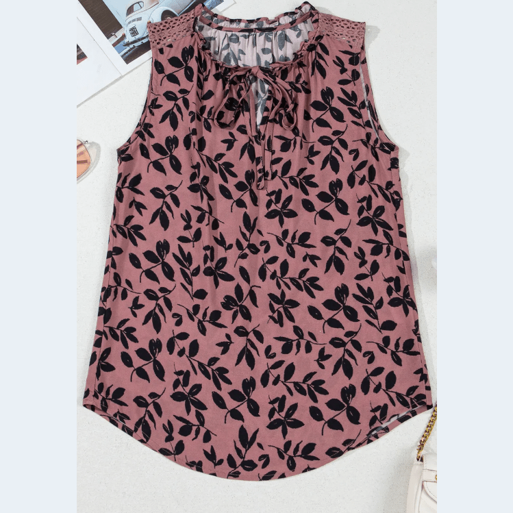 Violetta Leaf Print Lace-up V Neck Crinkled Tank Top