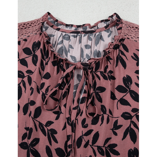 Violetta Leaf Print Lace-up V Neck Crinkled Tank Top