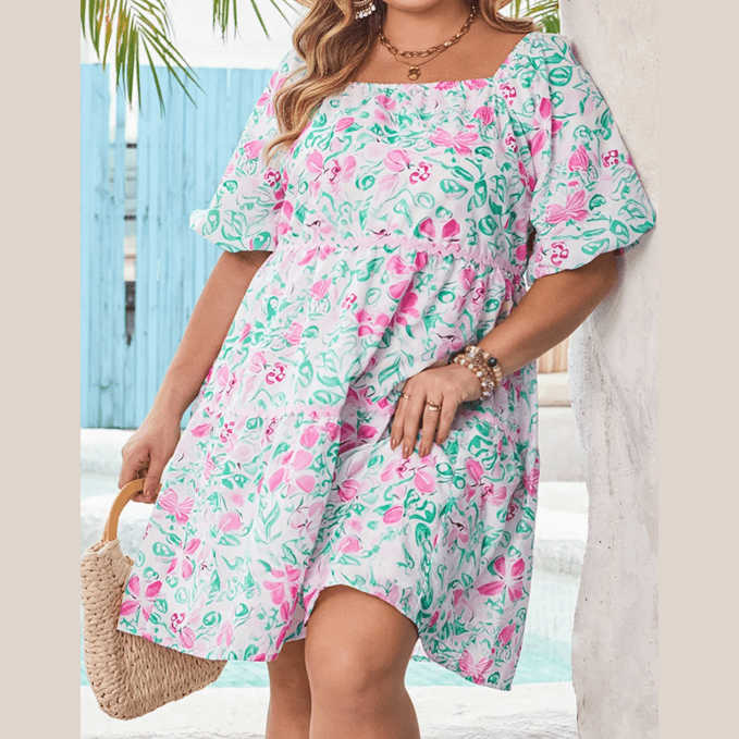 Amberly White Floral Print Ric-rac Trim Square Neck PLUS SIZE Mini Dress