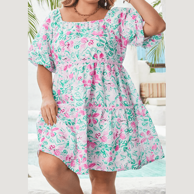 Amberly White Floral Print Ric-rac Trim Square Neck PLUS SIZE Mini Dress