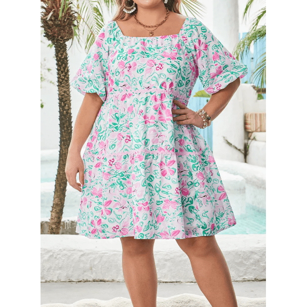 Amberly White Floral Print Ric-rac Trim Square Neck PLUS SIZE Mini Dress
