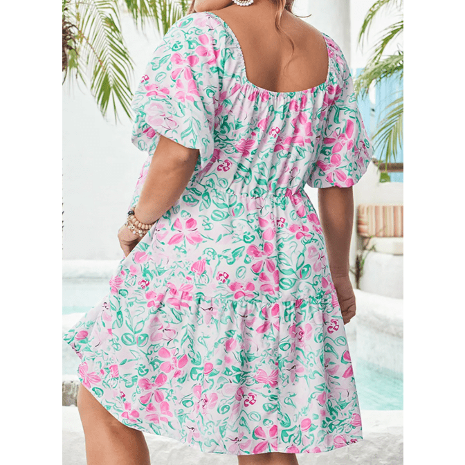 Amberly White Floral Print Ric-rac Trim Square Neck PLUS SIZE Mini Dress