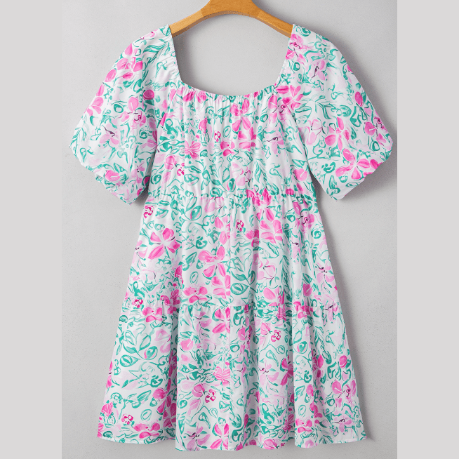 Amberly White Floral Print Ric-rac Trim Square Neck PLUS SIZE Mini Dress