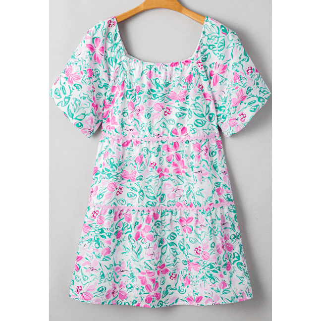 Amberly White Floral Print Ric-rac Trim Square Neck PLUS SIZE Mini Dress