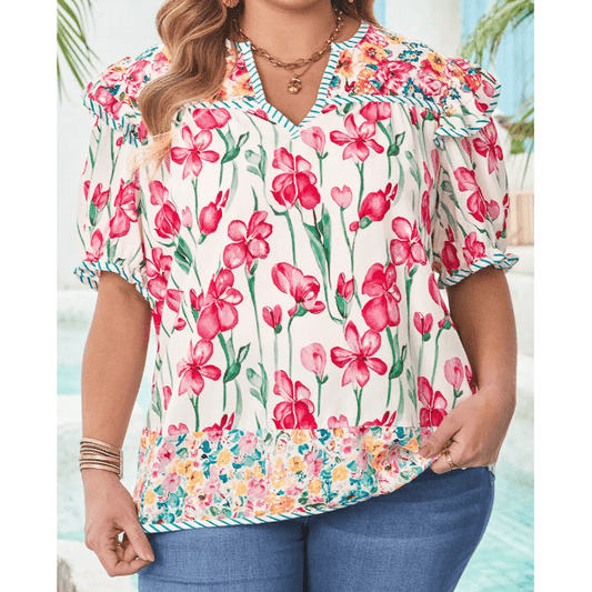 Lally Pink PLUS SIZE Floral Print Striped Trim V Neck Blouse