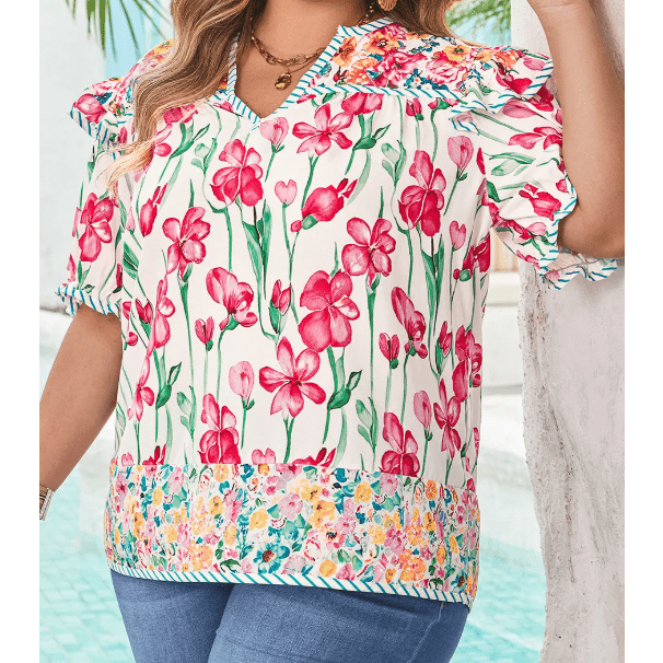 Lally Pink PLUS SIZE Floral Print Striped Trim V Neck Blouse