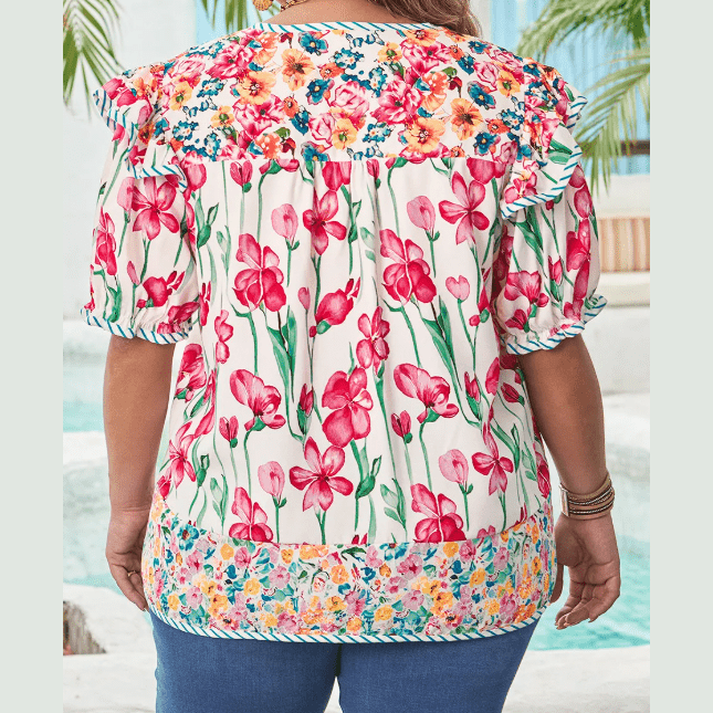 Lally Pink PLUS SIZE Floral Print Striped Trim V Neck Blouse