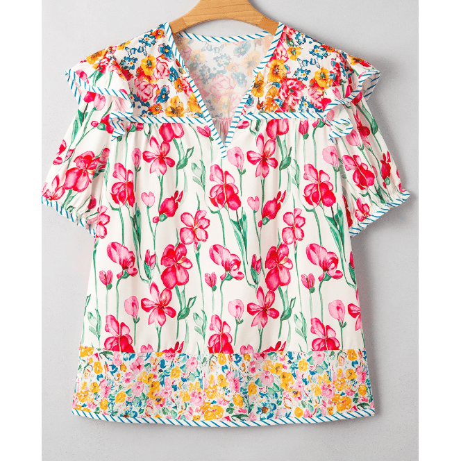 Lally Pink PLUS SIZE Floral Print Striped Trim V Neck Blouse