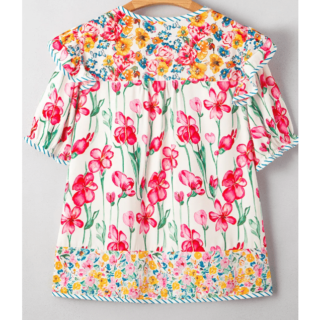 Lally Pink PLUS SIZE Floral Print Striped Trim V Neck Blouse