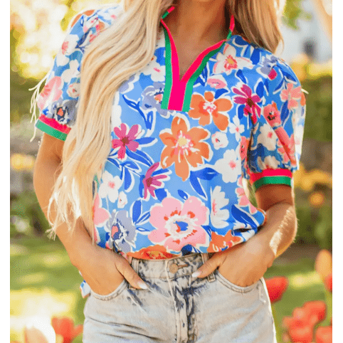 RTS Floral Colorblock Edge Puff Sleeve Split Neck Blouse