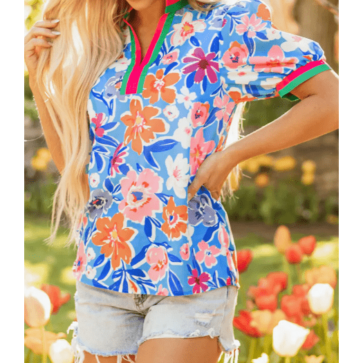 RTS Floral Colorblock Edge Puff Sleeve Split Neck Blouse