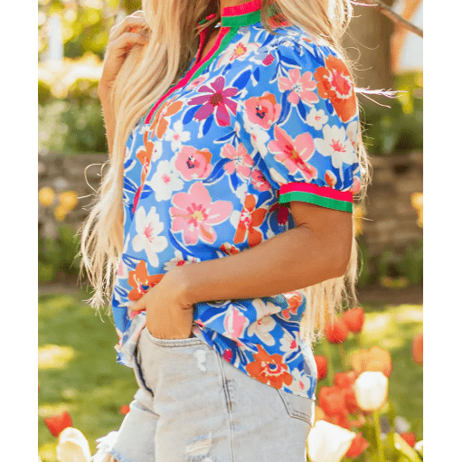 RTS Floral Colorblock Edge Puff Sleeve Split Neck Blouse