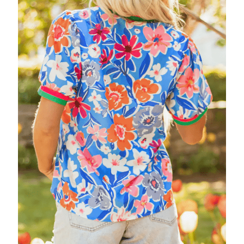 RTS Floral Colorblock Edge Puff Sleeve Split Neck Blouse