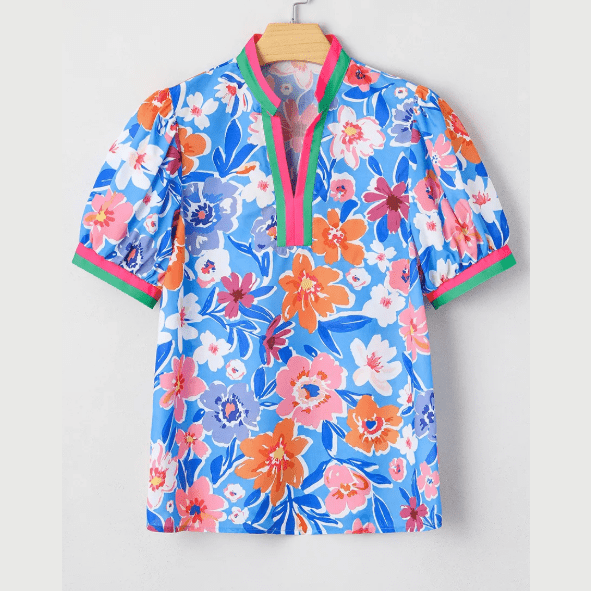 RTS Floral Colorblock Edge Puff Sleeve Split Neck Blouse