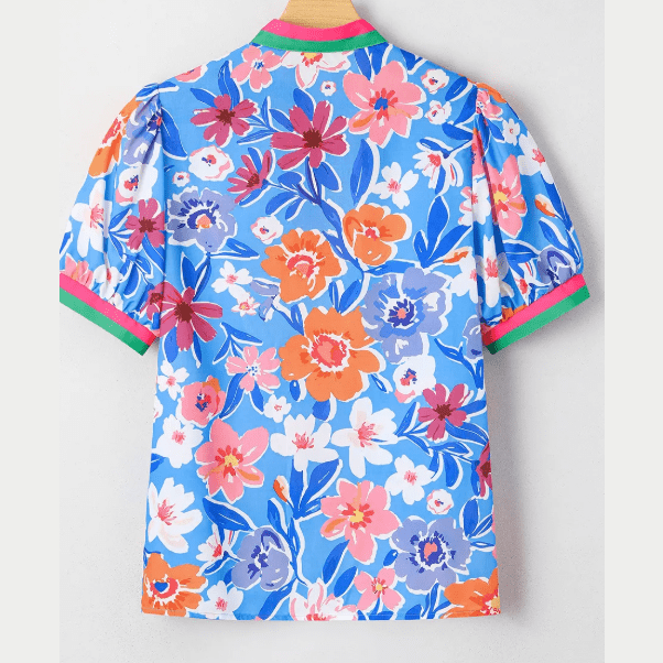 RTS Floral Colorblock Edge Puff Sleeve Split Neck Blouse