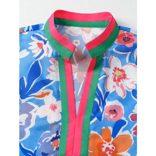 RTS Floral Colorblock Edge Puff Sleeve Split Neck Blouse