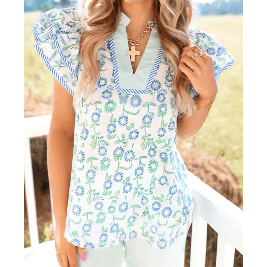 Tamika Green Floral Print Striped Detail Contrast V Neck Patchwork Flutter Sleeve Blouse