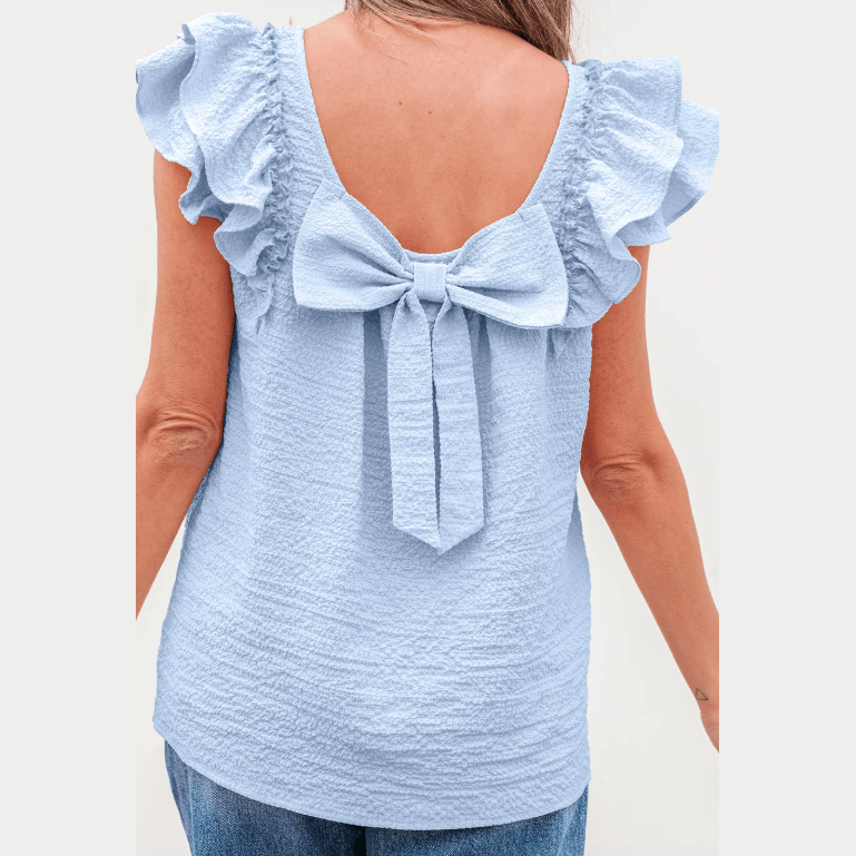 Stephany Beau Blue Textured Bow Knot Frilled Butterfly Sleeve Blouse