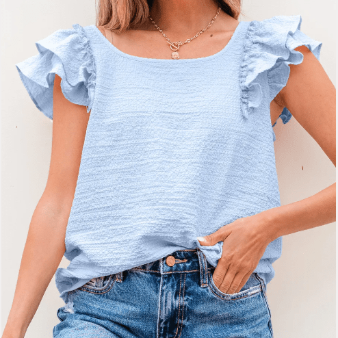 Stephany Beau Blue Textured Bow Knot Frilled Butterfly Sleeve Blouse