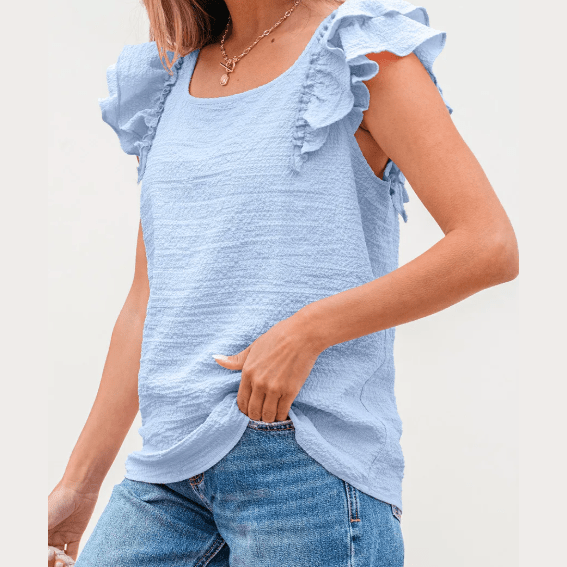 Stephany Beau Blue Textured Bow Knot Frilled Butterfly Sleeve Blouse