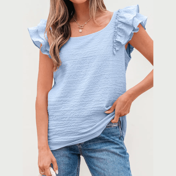 Stephany Beau Blue Textured Bow Knot Frilled Butterfly Sleeve Blouse