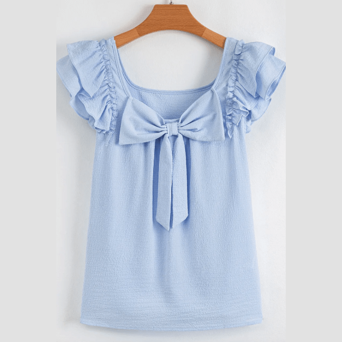 Stephany Beau Blue Textured Bow Knot Frilled Butterfly Sleeve Blouse