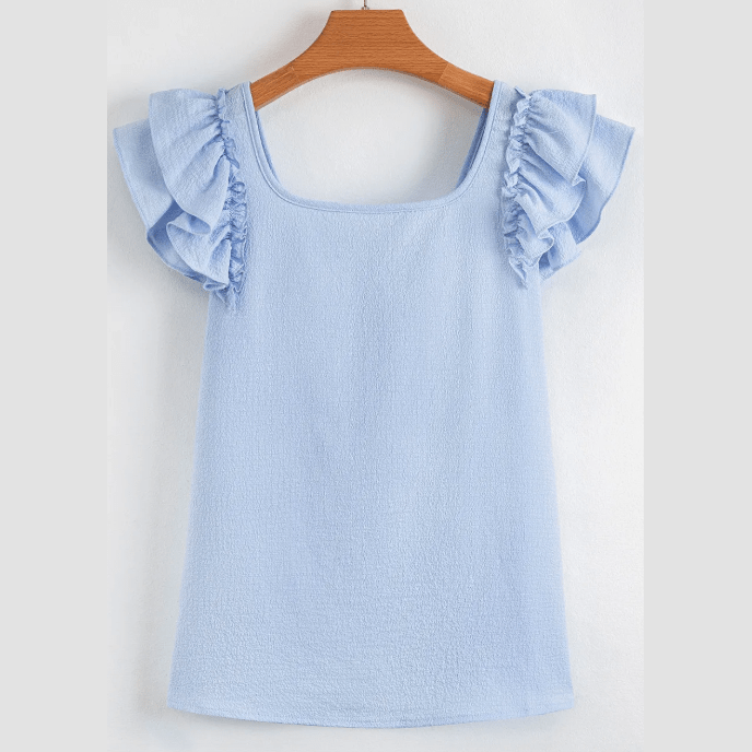 Stephany Beau Blue Textured Bow Knot Frilled Butterfly Sleeve Blouse