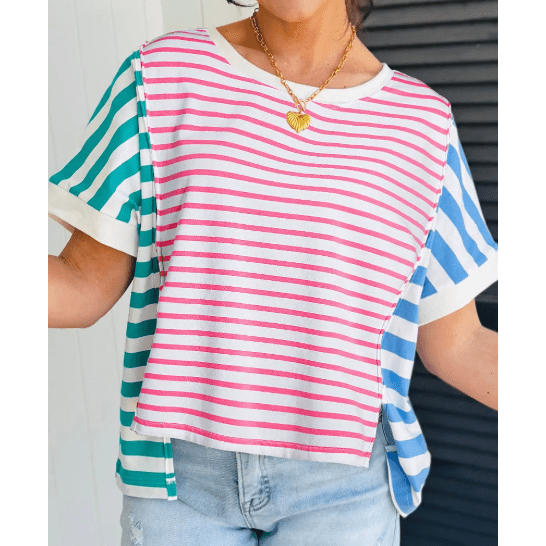 Camden Pink Stripe Mixed Pattern Patchwork Uneven Hem Loose Tee