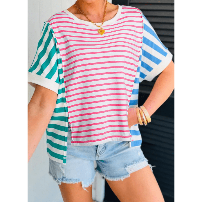 Camden Pink Stripe Mixed Pattern Patchwork Uneven Hem Loose Tee