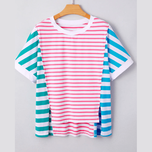 Camden Pink Stripe Mixed Pattern Patchwork Uneven Hem Loose Tee