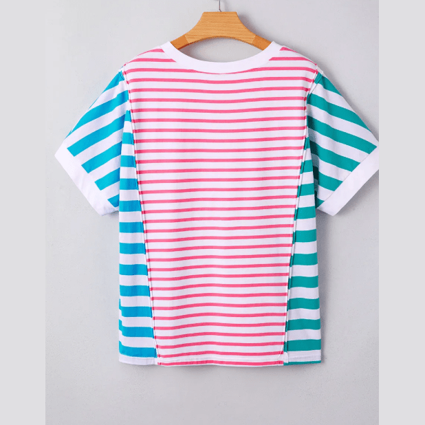 Camden Pink Stripe Mixed Pattern Patchwork Uneven Hem Loose Tee