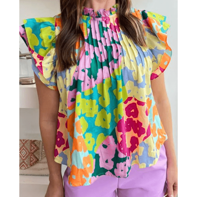 Colette Multicolour Abstract Print Pleated Flutter Sleeve Blouse
